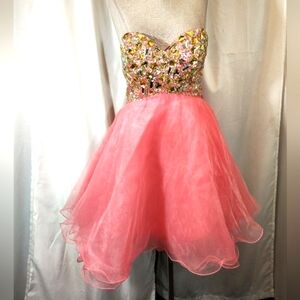 Pink Strapless Mini Dress, Gold Beads +Jewels Satin Lace Up back, padded bust, 4